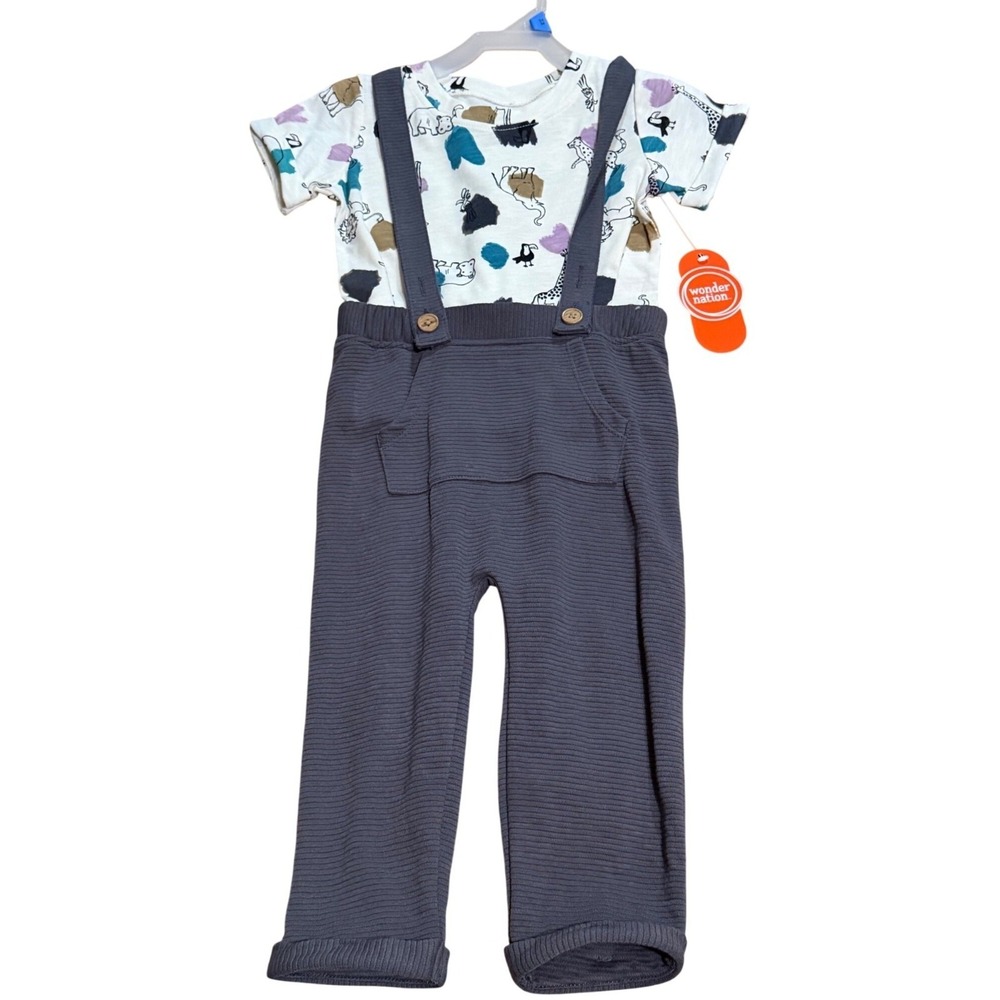 NWT Wonder Nation Baby Boys 24M 2Pcs Outfit Animal‎ AOP Shirt & Suspender Pants